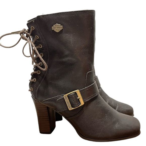 Harley-Davidson Shanna 7-Inch Dark Brown Leather Back Lace High Heel Boots - Picture 3 of 14